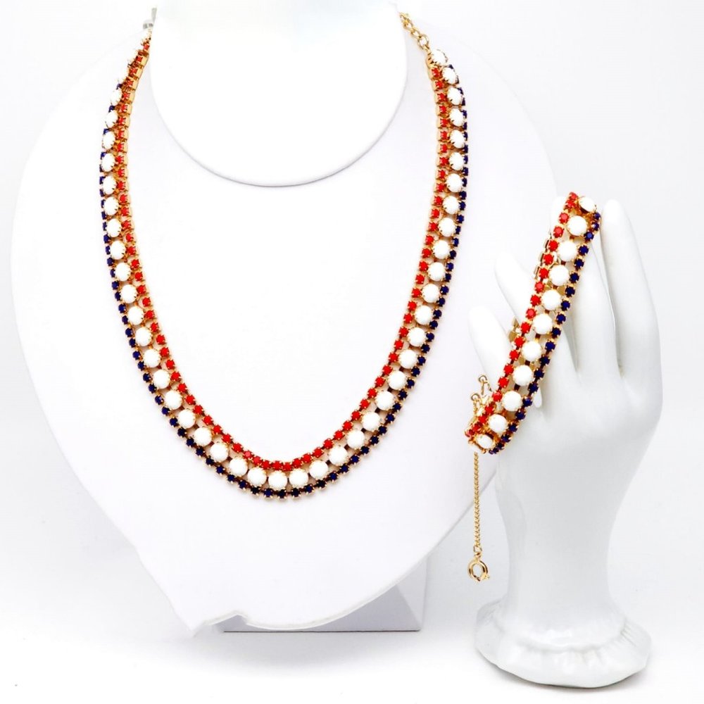 HOBE Molded Milk Glass Ruby Red Sapphire Blue Rhinestone Necklace & Bracelet Set